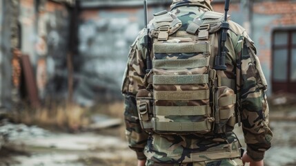 Soldier in camouflage uniform with tactical backpack in abandoned building, military concept