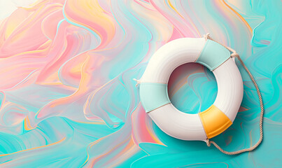 Wall Mural - Flat lay of white safety life buoy ring on a colorful abstract pastel marble background with copy space. Vibrant summer card minimal concept background with soft pink, blue and yellow pastel tones.