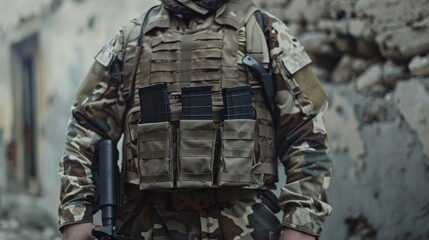 Soldier in camouflage uniform with tactical vest and rifle magazines standing in a war-torn area, close-up view. Military equipment and combat readiness concept