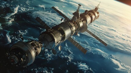 Poster - Space stations orbit the Earth, serving as outposts for scientific research and exploration.