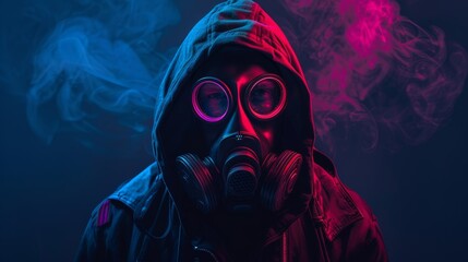 An elegant female cyberpunk in leather black hoodie jacket wears a gas mask with a protective filter, glowing green wires and a cross on her forehead.