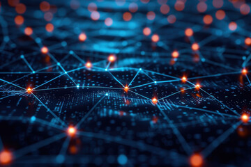 Abstract futuristic technology network. Glowing nodes and connections illustrate digital data exchange and communication.