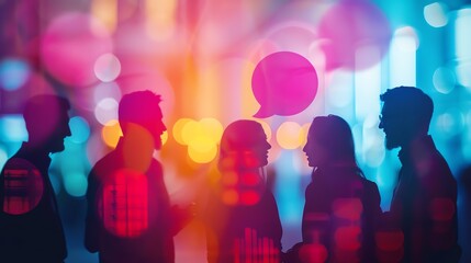 Silhouettes of people talking and connecting in a colorful city background.