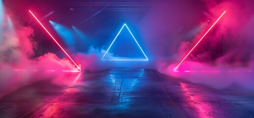 Wall Mural - A futuristic futuristic night show in 3D renderings of a Sci Fi Triangle Purple Blue Neon Laser Tunnel Beam Construction Stage Concrete Grunge Dark Empty Podium