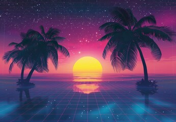 The 80s style sci-fi background features a sunset and palms, and is a futuristic illustration or poster template.