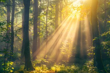 Wall Mural - An enchanting forest scene with sunlight streaming through the trees, creating a magical atmosphere with sun rays and lens flares 