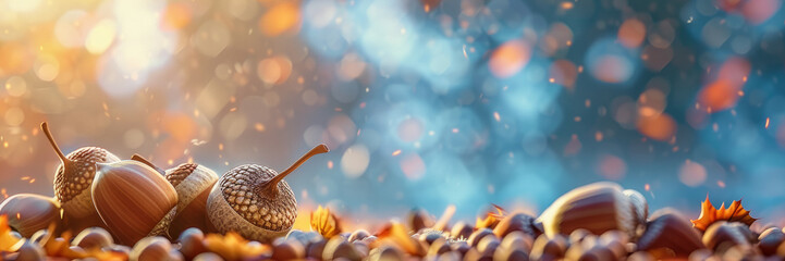 Wall Mural - close-up of autumn leaves and acorns on a blurred autumn background with bokeh. seasonal and natural