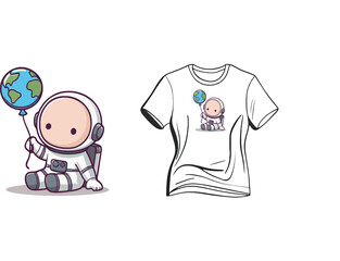 cute kawaii style vector t-shirt design of astronaut holding a balloon in the shape of the planet earth