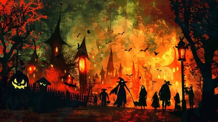 Wall Mural - Enchanting Halloween Festival Silhouette in Bold Colors - High Angle View of Digital Art with Ambient Light Ambiance