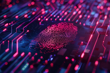 Wall Mural - Close-up of a digital fingerprint on a high-tech circuit board, representing cybersecurity and biometric technology.