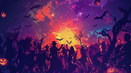 Wall Mural - Spooky Halloween Festival Silhouette in Bold Colors - High Angle Digital Art with Ambient Lighting