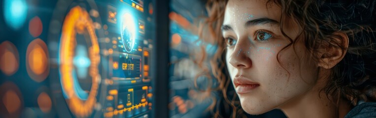 woman multitasking with a computer, tablet, and smartphone in a dynamic office setting. The digital displays and web elements around her signify the fast-paced, interconnected world of modern business
