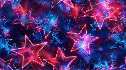 Wall Mural - A seamless digital art background featuring neon punk stars in red and blue. The stars are interconnected with glowing lines, creating a vibrant and energetic pattern. The background has a dark,