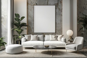 Wall Mural - Mockup poster frame on the wall of living room. Luxurious apartment background with contemporary design. Modern interior design. 3D render, 3D, Generative AI