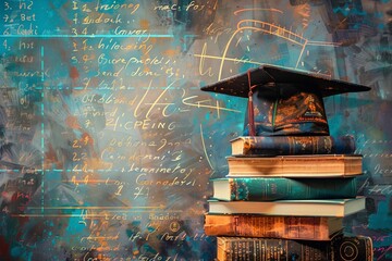 A stack of books with a graduation cap on top.