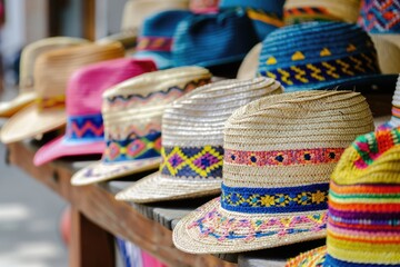 Wall Mural - Colorful Panama hats for sale from a sidewalk vendor