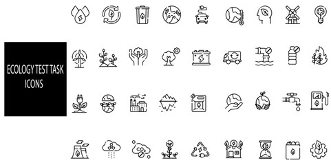 Ecology test task simple concept 36 icons set. Contains such renewable energy; electric bike, eco-friendly, forest, wind power, green symbol.Vector illustration.