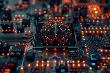 Wall Mural - Brain on computer chip, future of technology network of artificial intelligence interlaced with electronics, machine learning advancement neural link