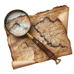 Vintage map with magnifying glass. Perfect for exploration, adventure, or historical themes. High resolution stock photo for various uses.