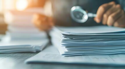 Accountant examining financial discrepancies, with a magnifying glass and documents, highlighting forensic accounting and investigation