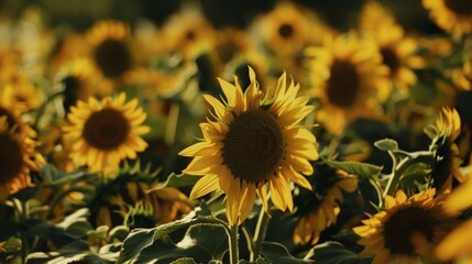 Wall Mural - Sunflowers turn their faces towards the sun, basking in its nurturing glow.