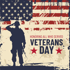 Wall Mural - Veterans day poster. Military Man Saluting Us Flag.Silhouette of soldier