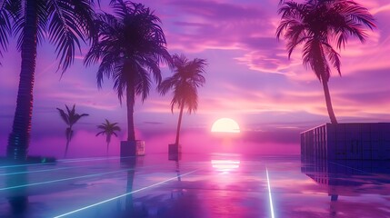 Wall Mural - Retro Sunset with Palm Trees and Neon Reflections
