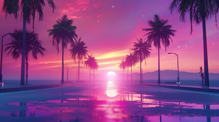 Wall Mural - Retro Sunset on Palm Tree Lined Road