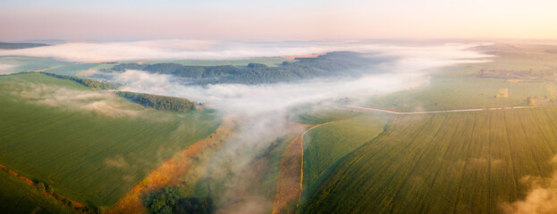 Poster - Dense morning fog enveloped the farmland. Aerial photography. Beauty of earth.