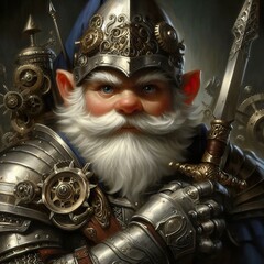 Gnome male knight in unique tinkered armor. fantasy character 