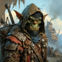 Goblin Raider wielding a scimitar, wearing ragged leather. fantasy character 