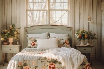 Cozy vintage farmhouse bedroom with rustic wood accents, floral wallpaper, and soft linens for a charming country retreat