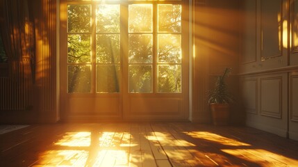 Wall Mural - Sunlight streams through the window, filling the room with a warm, golden glow.