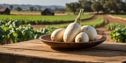 rustic wooden table with a wooden plate filled with fr background