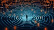 © Summit Art Creations - The picture of intelligent human in complex playing futuristic complicated puzzle game of labyrinth with blue, orange light. Smart person choose way to solve complex maze problem with strategy. AIG35.