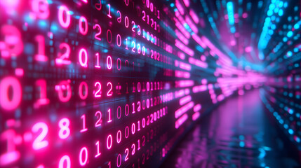 Neon pink and blue binary code flowing in a digital tunnel.
