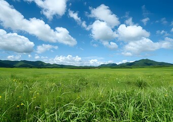 Wall Mural - Green Meadow with Blue Sky and White Clouds