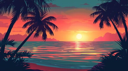 Wall Mural - Tropical Sunset at Beach with Silhouetted Palm Trees and Reflective Ocean