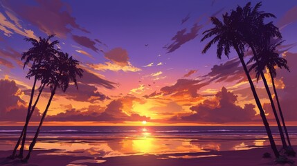 Wall Mural - Stunning Tropical Beach Sunset with Vibrant Colors and Palm Trees Silhouetted Reflections