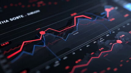 Wall Mural - Close-up of red graphics on a digital screen on a dark background. Realistic graphical representation of downward trend. Bright business diagram. Shares and business concept.
