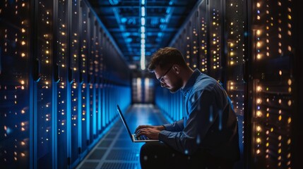 a server engineer is working on a laptop in a data center. the room is lit with blue light from the 