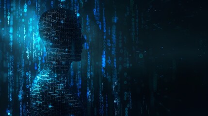 Silhouette of Digital Human Head with Binary Code and Data Flow in Futuristic Technology Concept