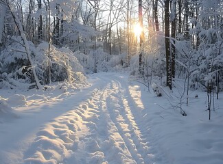 Canvas Print - Snowy Path in the Woods at Sunset