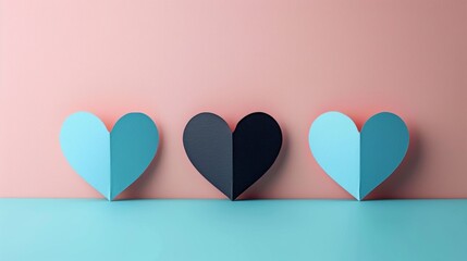 Three minimalist paper hearts in blue and black against a pastel background, creating a simple and elegant decorative scene.