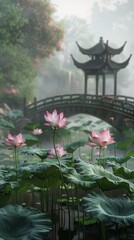 Wall Mural - Beautiful lotus pond with traditional bridge in mist