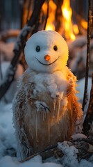 Sticker - a snowman with a hat and scarf is standing in front of a lake and buildings.