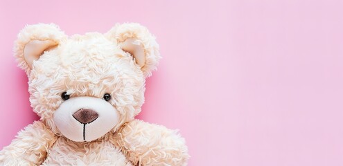 A light brown teddy bear photographed with pink wallpaper