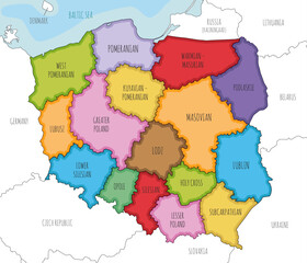  Vector illustrated map of Poland with provinces and administrative divisions, and neighbouring countries and territories. Editable and clearly labeled layers.