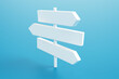 © Myshkovskyi - Close-up of white direction sign on blue background. 3d rendering illustration.