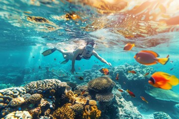 A person snorkeling in crystal-clear waters, with colorful coral reefs and tropical fish visible, showcasing the adventure and natural beauty of the underwater world